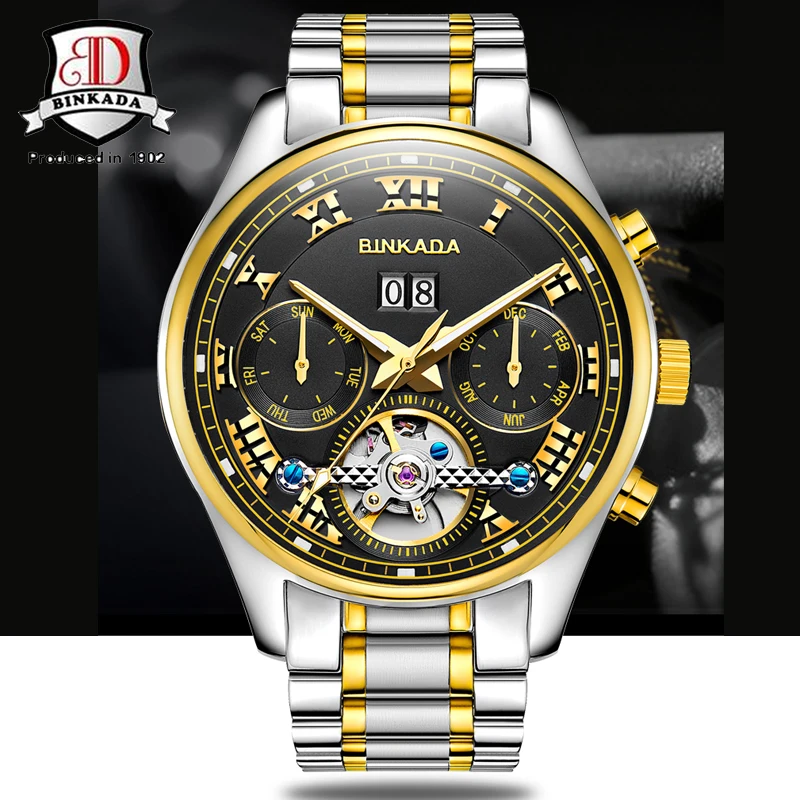 BINKADA automatic Tourbillon часы для мужчин день Дата Полный календарь нержавеющая сталь