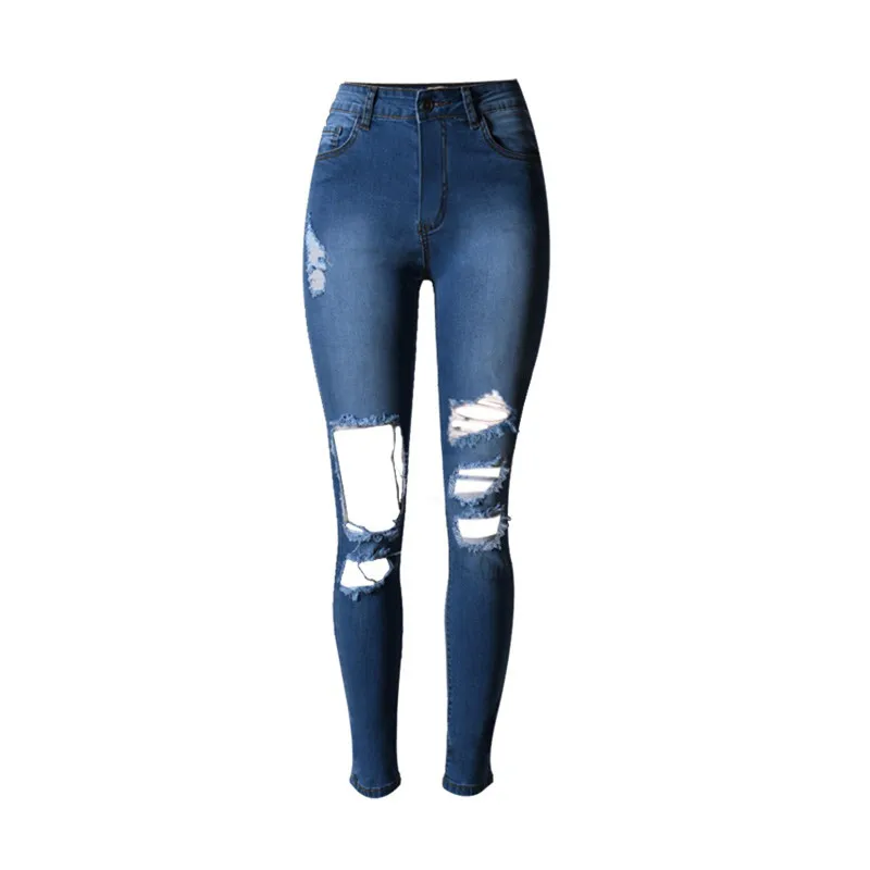Для женщин Высокая талия стрейч отверстие джинсы Denim ноги клуб карандаш штаны для