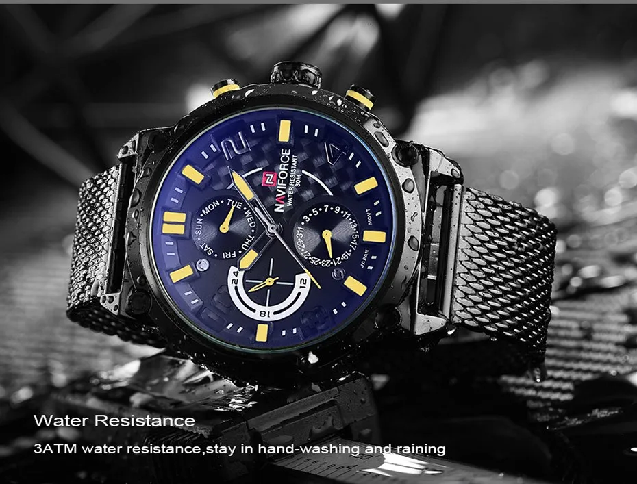 NAVIFORCE, мужские часы с хронографом, стальной сетчатый ремешок, кварцевые наручные часы, водонепроницаемые, с датой, мужские военные аналоговые часы, Relogio Masculino