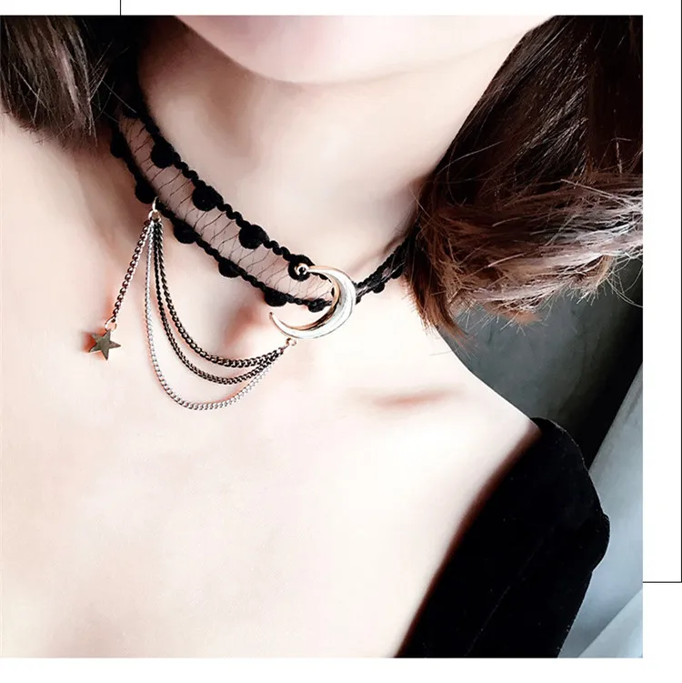 2017 Новый стиль звезды луна подвеска кружева цветок choker ожерелье сладкий и