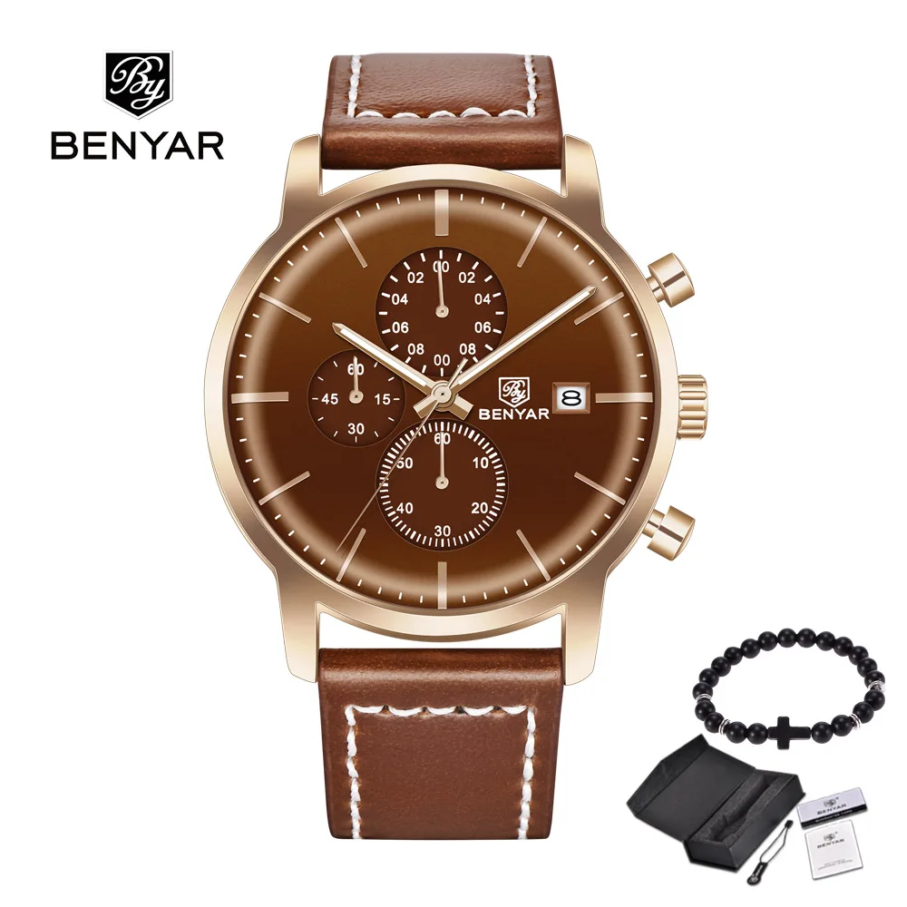 Brown gold leather BENYAR новые мужские часы бизнес полностью Стальные кварцевые лучший бренд класса люкс повседневные Водонепроницаемые кожаные спортивные мужские наручные часы Relogio - Цвет: Brown gold leather