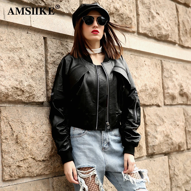 AMSIIKE Женская модная короткая куртка под резину из экокожи A17219|women's fashion leather