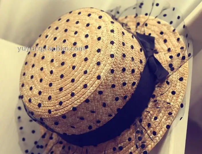 

2022 NEW 10pcs/lot summer female sun-shading straw hat black dot gauze bowknot decoration fedoras straw cap