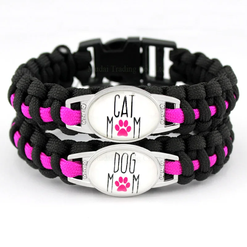 Женский браслет на заказ с изображением собаки мамы кошки черного и розового