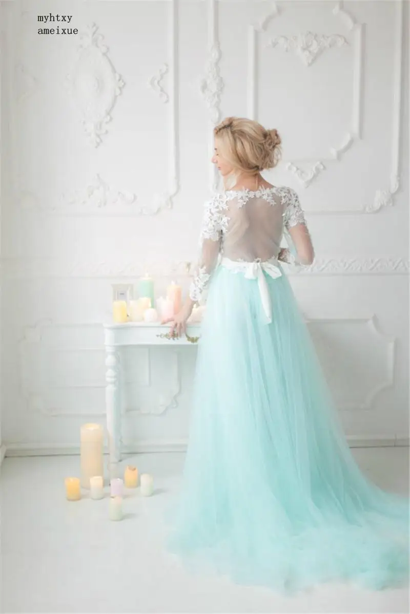 Hot Elegant Front Slit V-Neck Long Sleeves Floor Length Lace Applique Tulle Preganat Evening Dresses vestidos de fiesta de noche