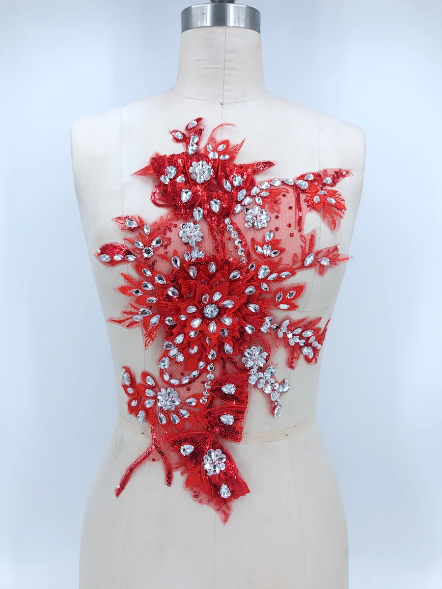 

big red Three-dimensional lace applique with handsewing beads rhinestones patches 43*27cm for dress accessory