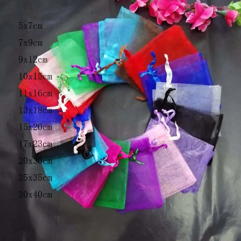 200 шт./лот 10x15 11x16 13x18 15x20 см Прозрачные сумки из органзы на шнурке для ювелирных