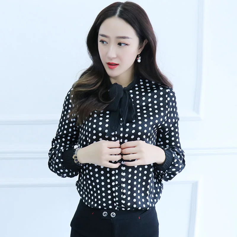 New Fashion 2018 Spring Summer Women Blouse Tie Collar Long Sleeve Polka Dot Printed Chiffon Shirt Tops B59 |