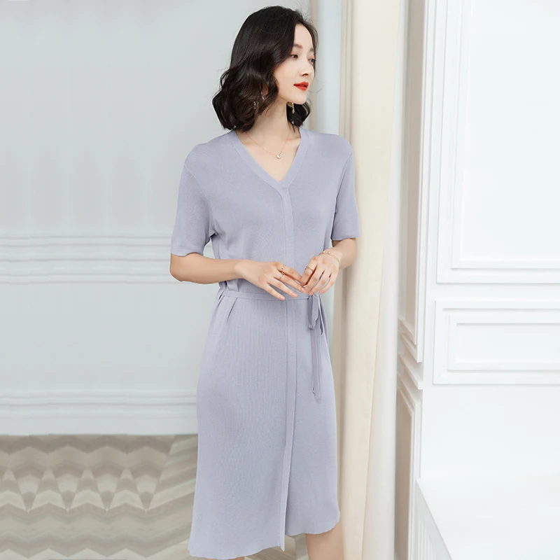 2XL Брендовое платье женское весна-лето 2019 новое однотонное с v-образным вырезом