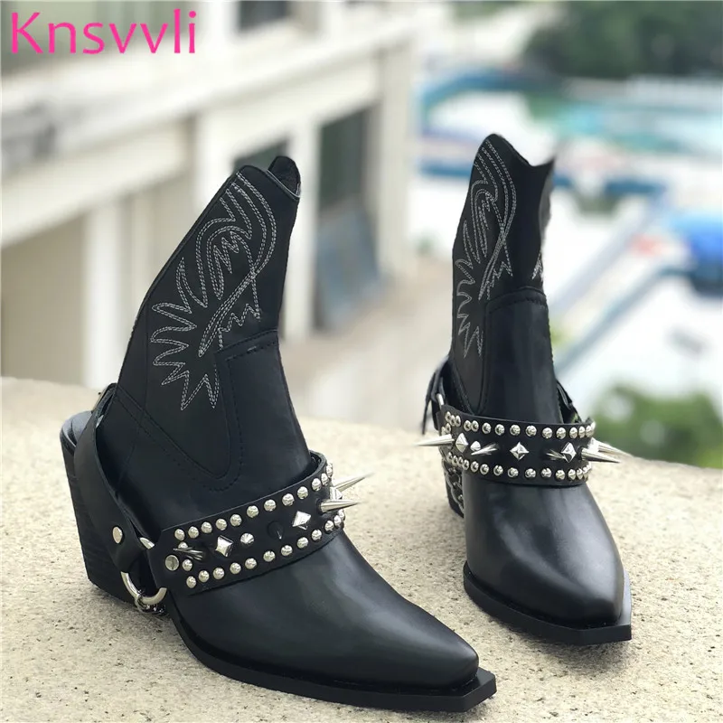 New Embroidery Western Cowboy Boots Woman Rivets Slingback Black Leather Metal Chain Chunky High Heels Motorcycle Shoes Women | Обувь