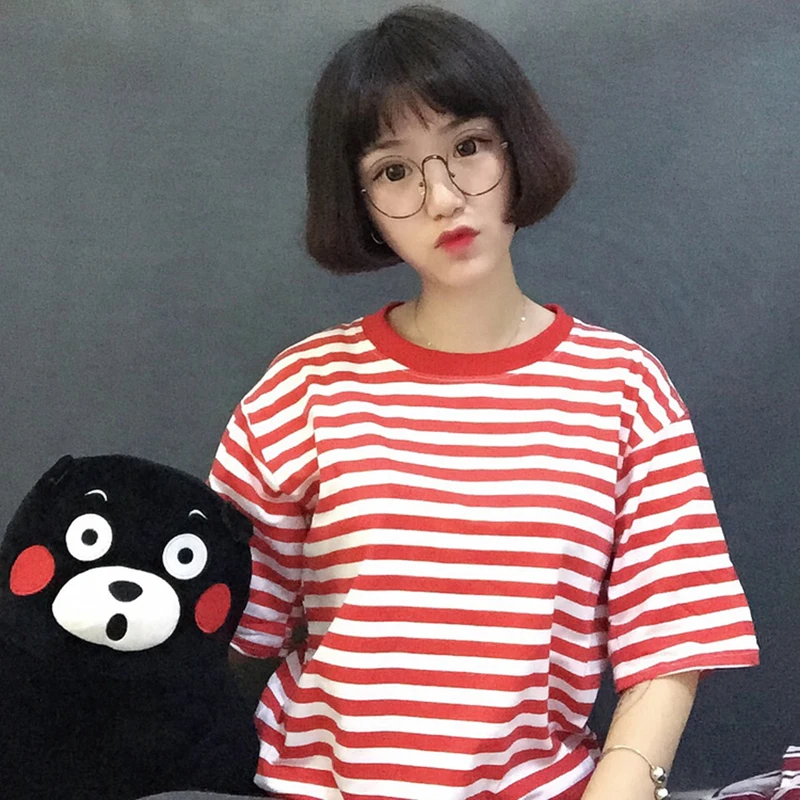 Женская Футболка Туника Kawaii Girl винтажная свободная полосатая Ins шикарная