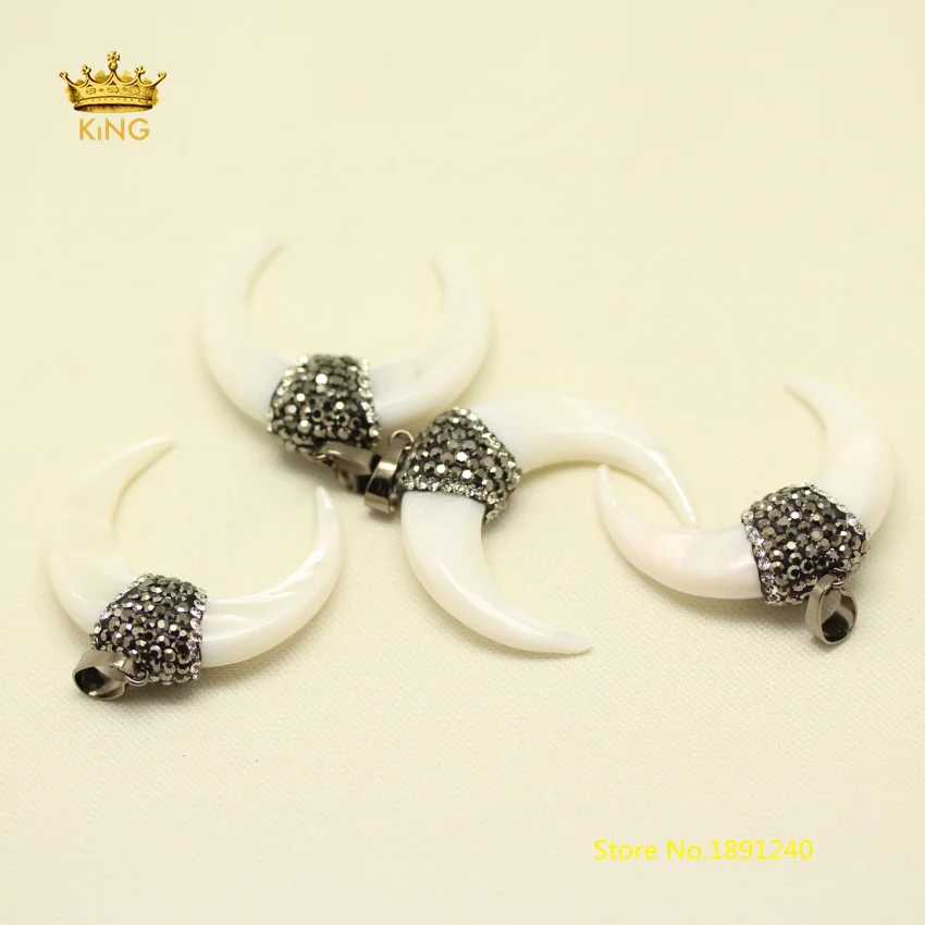 

10pcs Bulk White Shell with Rhinestone Ox-horn Pendants,Horn Shell Fashion Jewelry,Crescent Moon Shell Charms DIY Necklace DSS13