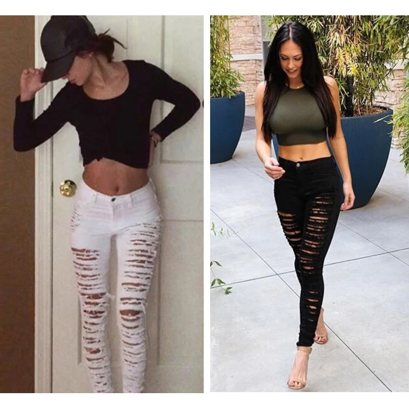A Forever 2018 Women White High Waist Ripped Pencil Pant Sexy Hole Hollow Skinny Jeans Slim elasticity Trousers M-125 | Женская одежда