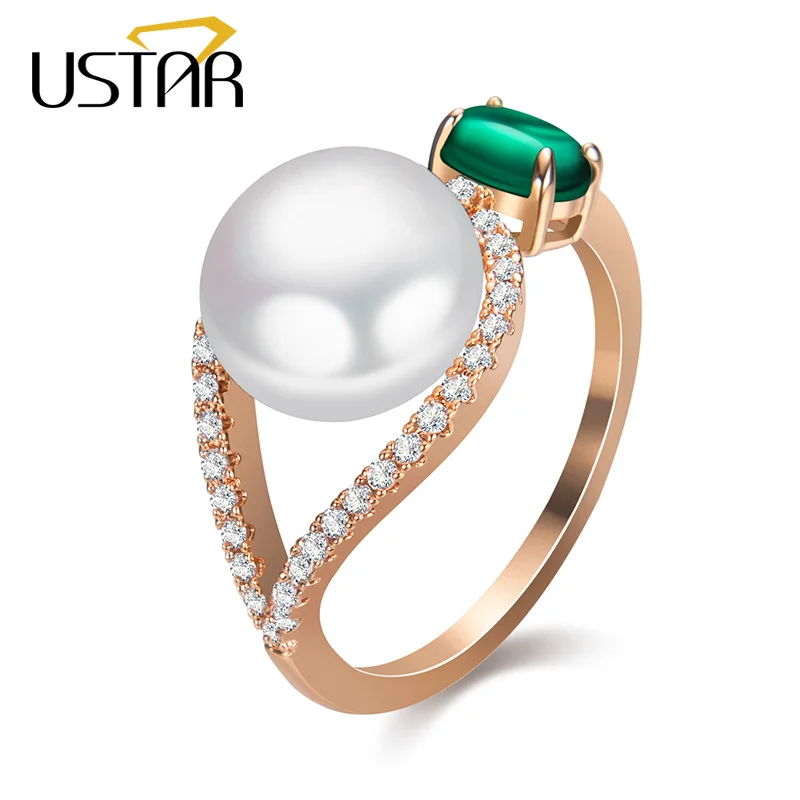 USTAR новые кольца из пресноводного жемчуга для женщин с зеленым камнем AAA кубический цирконий женские кольца для помолвки anel Свадебные украшения подарок