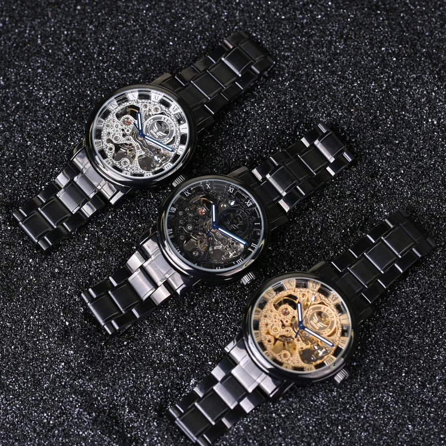 

Top Brand Luxury Automatic Mechanical Watch Skeleton Clock Retro pattern carving Black stainless steel Strap Sports Men Watches