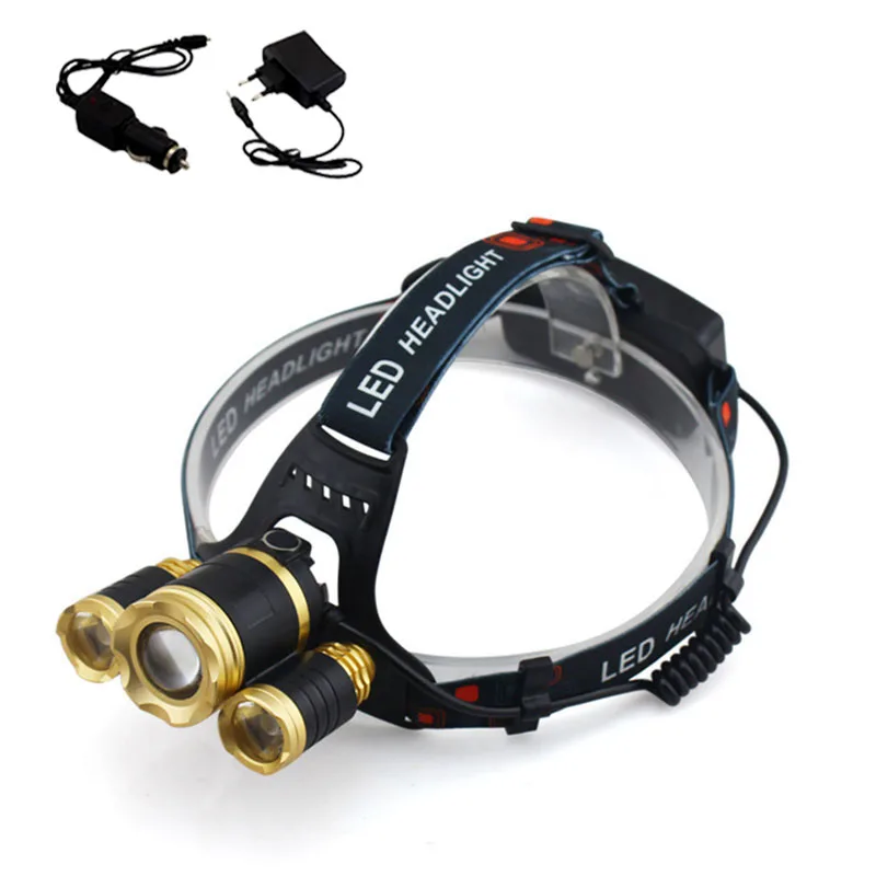 

Powerful LED T6+2R2 Headlamp Zoomable Focus Frontale LED Head Lamp Flashlight Torch Headlight + Car charger + Home charger
