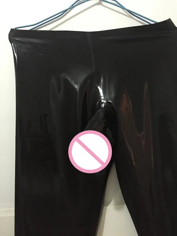 Черные латексные длинные штаны лосины с латексным презервативом|Брюки| |