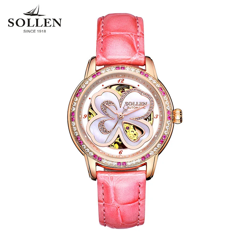 Orologio Donna Элитный бренд SOLLEN Скелет Для женщин часы в форме счастливого клевера для