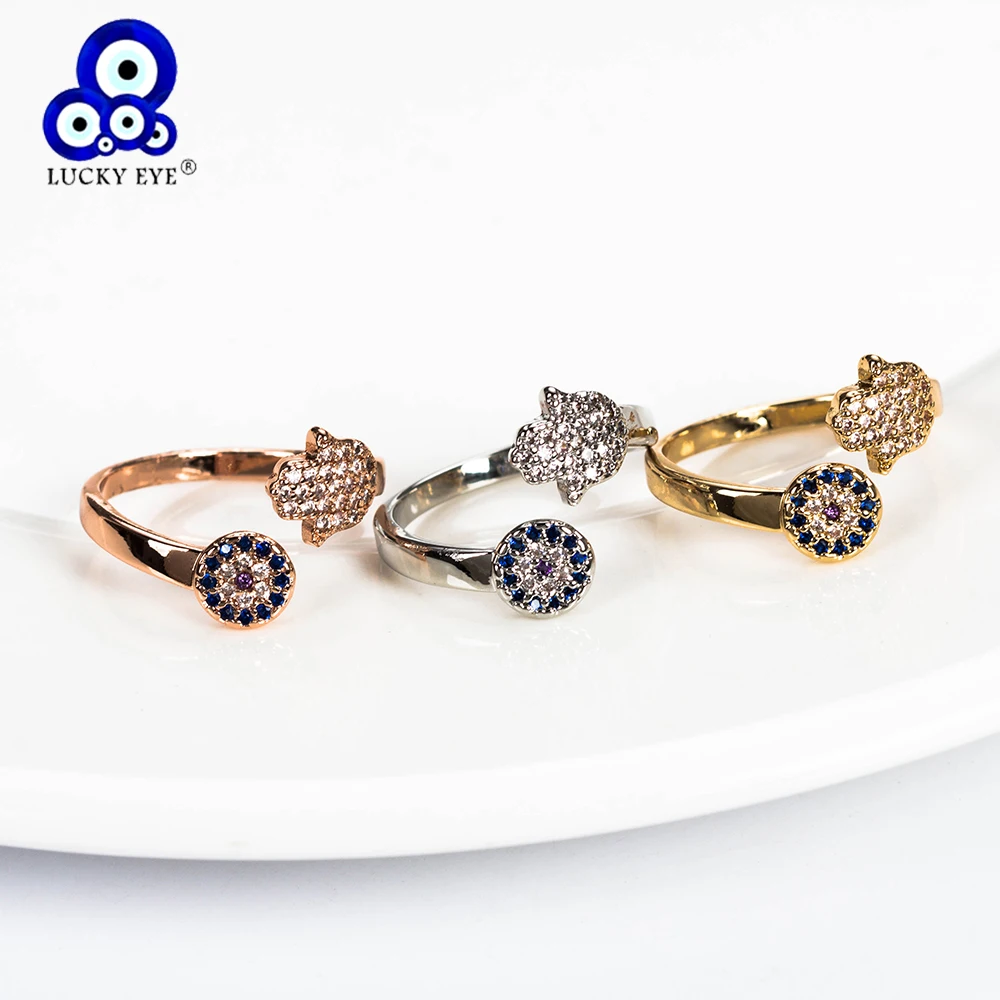 Lucky Eye Hamsa кольца для рук сглаза открытое медное микро паве CZ Кольцо женщин