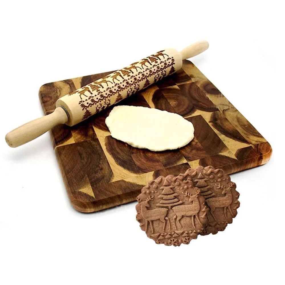 

43cm/35cm Christmas Embossing Rolling Pin Elk Baking Cookies Biscuit Fondant Cake Dough Engraved Roller Reindeer Snowflake Roll