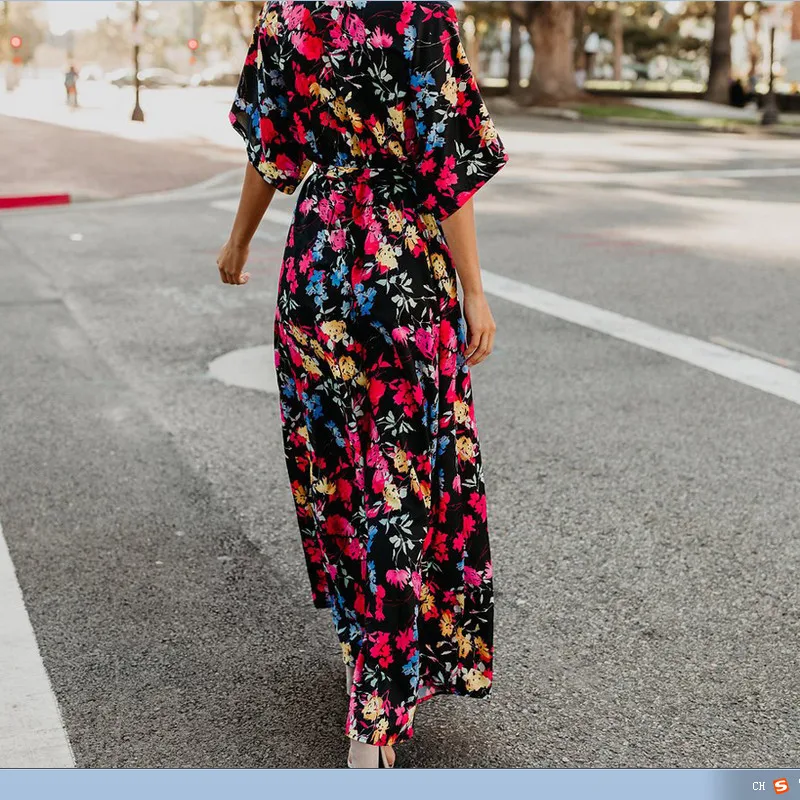 Платье женское длинное с V-образным вырезом и цветочным принтом | Женская одежда