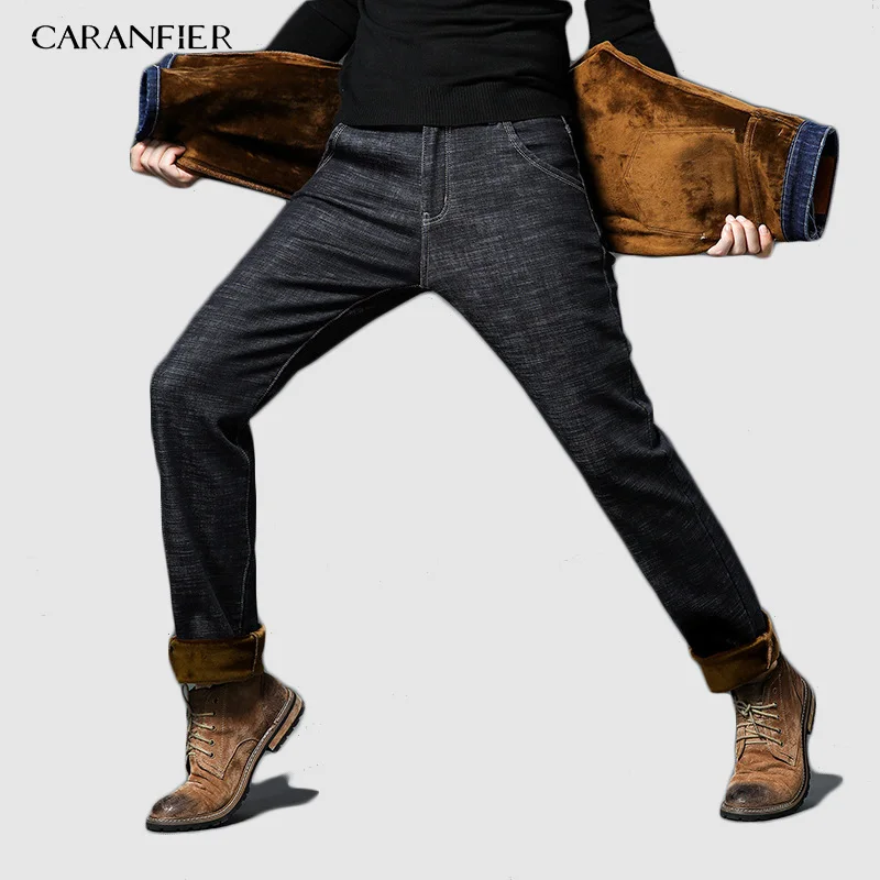 CARANFIER 2pcs New Men's Winter Brand Jeans Warm Slim Fit Denim Pants Male Balck Blue Thicken Trousers Jeans Big Size 44 46