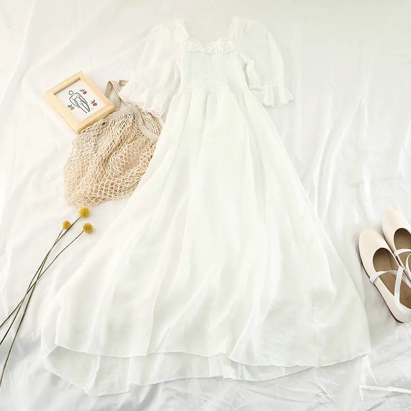 Women Dress Женское летнее платье с расклешенными рукавами и оборками, квадратное платье с воротником шифоновое Новое повседневное Сетчатое газовое платье пуловер эластичное тонкое платье с высокой талией - Цвет: Women Dress