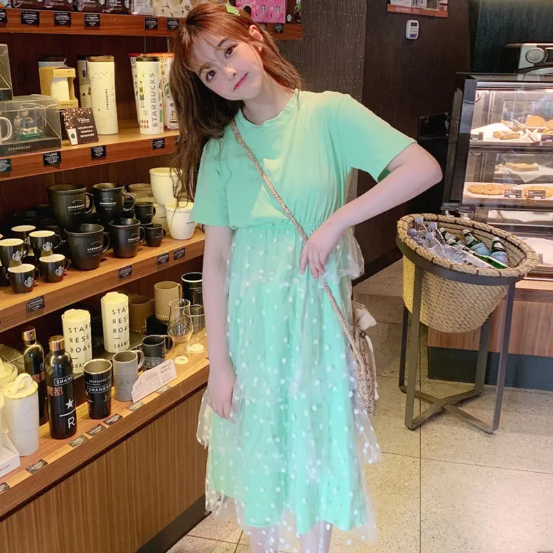

Summer Korean Sweet Mesh Streetwear Stitching Dress Short Sleeve High Waist Loose Temperament Casual Cute Student Dress