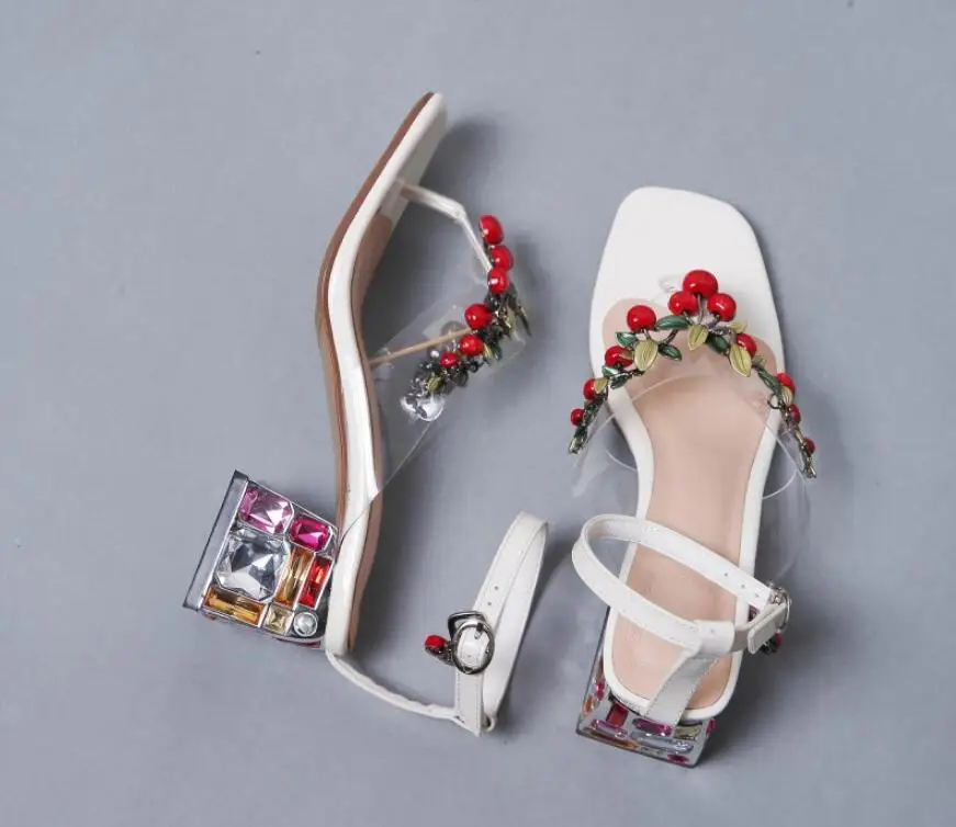 

VIISENANTIN Colorful Crystal Heel Women High Heel Sandal Shoe Squared Heel Candy Color Red Green White Beautiful Shoes
