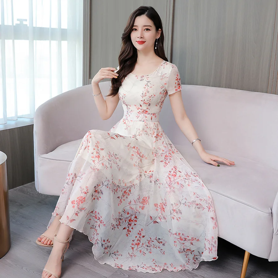 Женское шифоновое пляжное платье миди винтажное с цветочным принтом элегантное