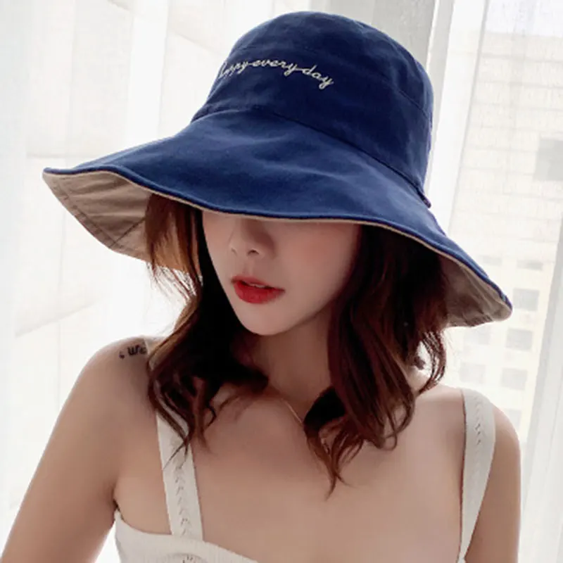 NAVY BEIGE Стильная и Повседневная Двусторонняя Рыбацкая шляпа женская модная трендовая смайлик и алфавит вышивка наружная солнцезащитная Кепка - Цвет: NAVY BEIGE
