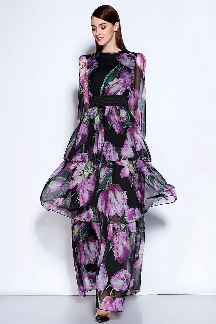 Женские модельные Платья-макси с круглым вырезом длинным рукавом и цветочным