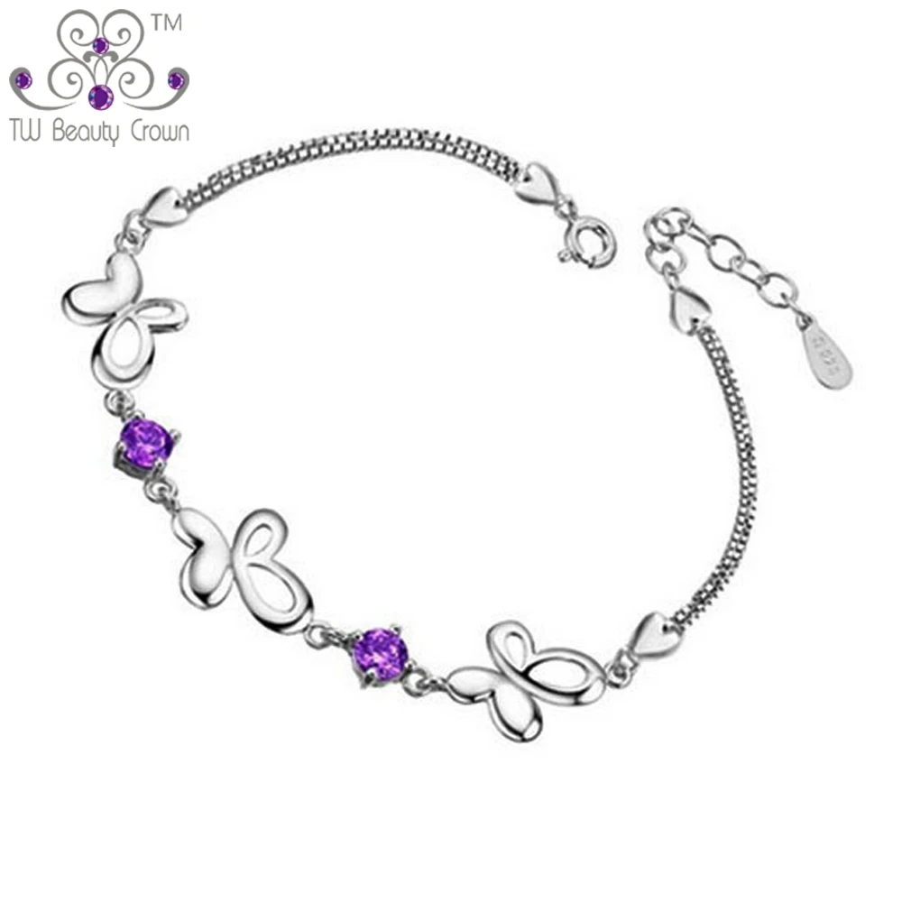 

2017 New Fashion Bracelet For Women 925 Sterling Silver Butterfly Design White Purple Cubic Zirconia Anti Allergic