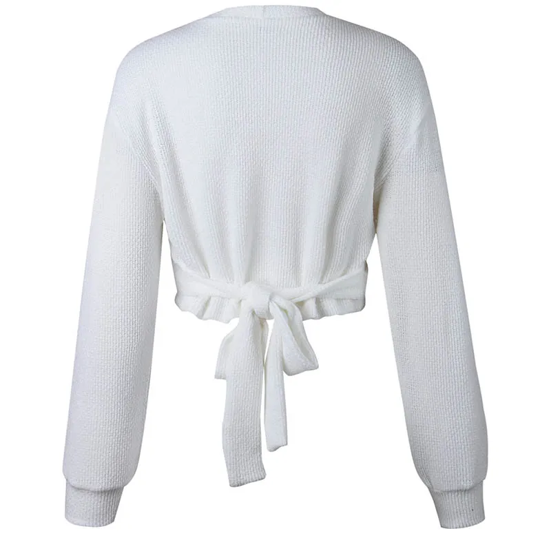 Winter Casual Women Off Shoulder V Neck White Sweaters Back Bow Long Sleeve Knit Pullovers Crop Sexy Knitted Sweater | Женская одежда