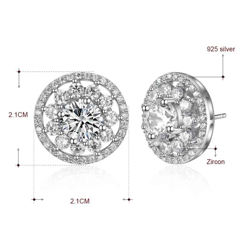 21mm diameter Real 925 round earrings Office lady crystal jewelry quickly ship high quality Elegant sterling silver stud earring | Украшения