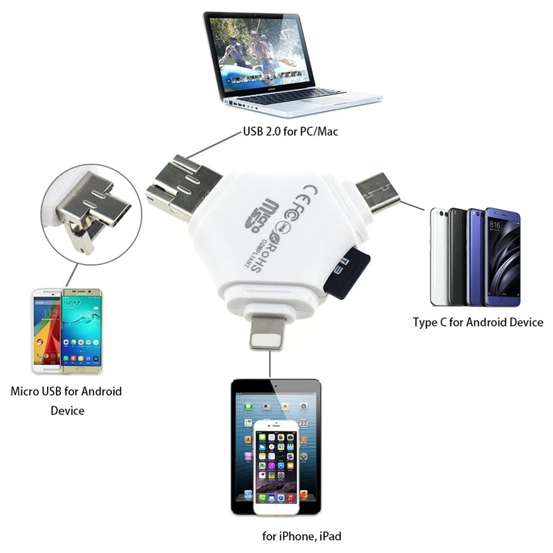 4 в 1 TF/MicroSD кардридер OTG Micro USB Type C для iPhone X 5 6 7 8 iPad Macbook Android Phone|Картридеры| |