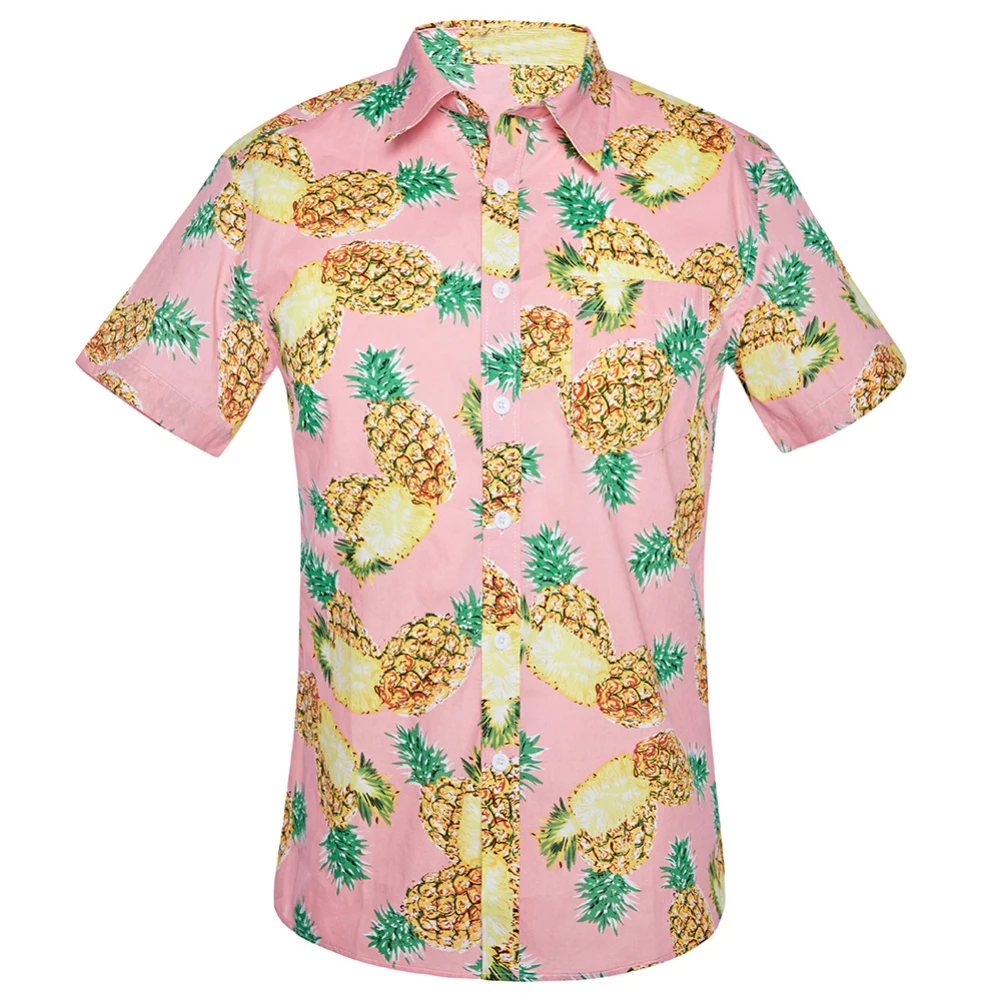 2019 New Fashion Hawaiian Pineapple Leaves Print Casual Shirts Clothing Men Turn Down Collar Short Sleeve Beach Party Shirt Tops | Мужская