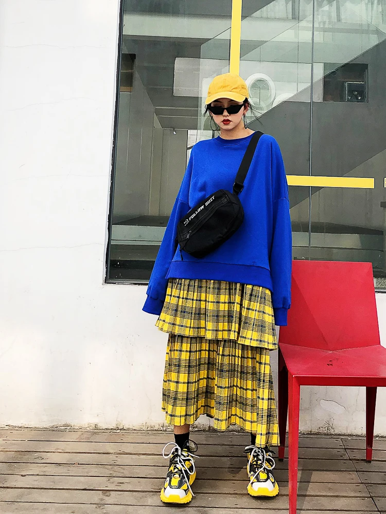 Jasmine Harajuku/свободное платье с круглым воротником сшитое в клетку и присборенной