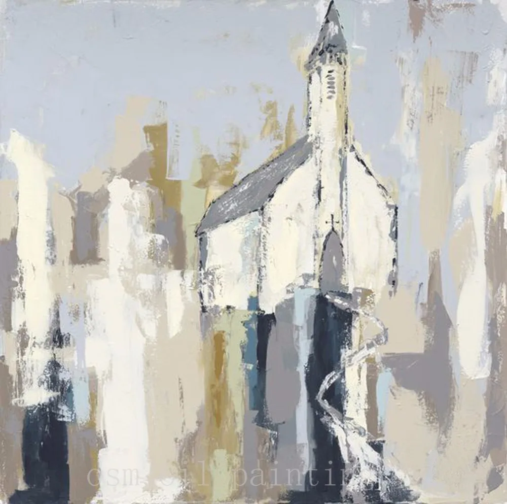 Ручная роспись маленькая белая церковь абстрактная картина маслом подвесная на