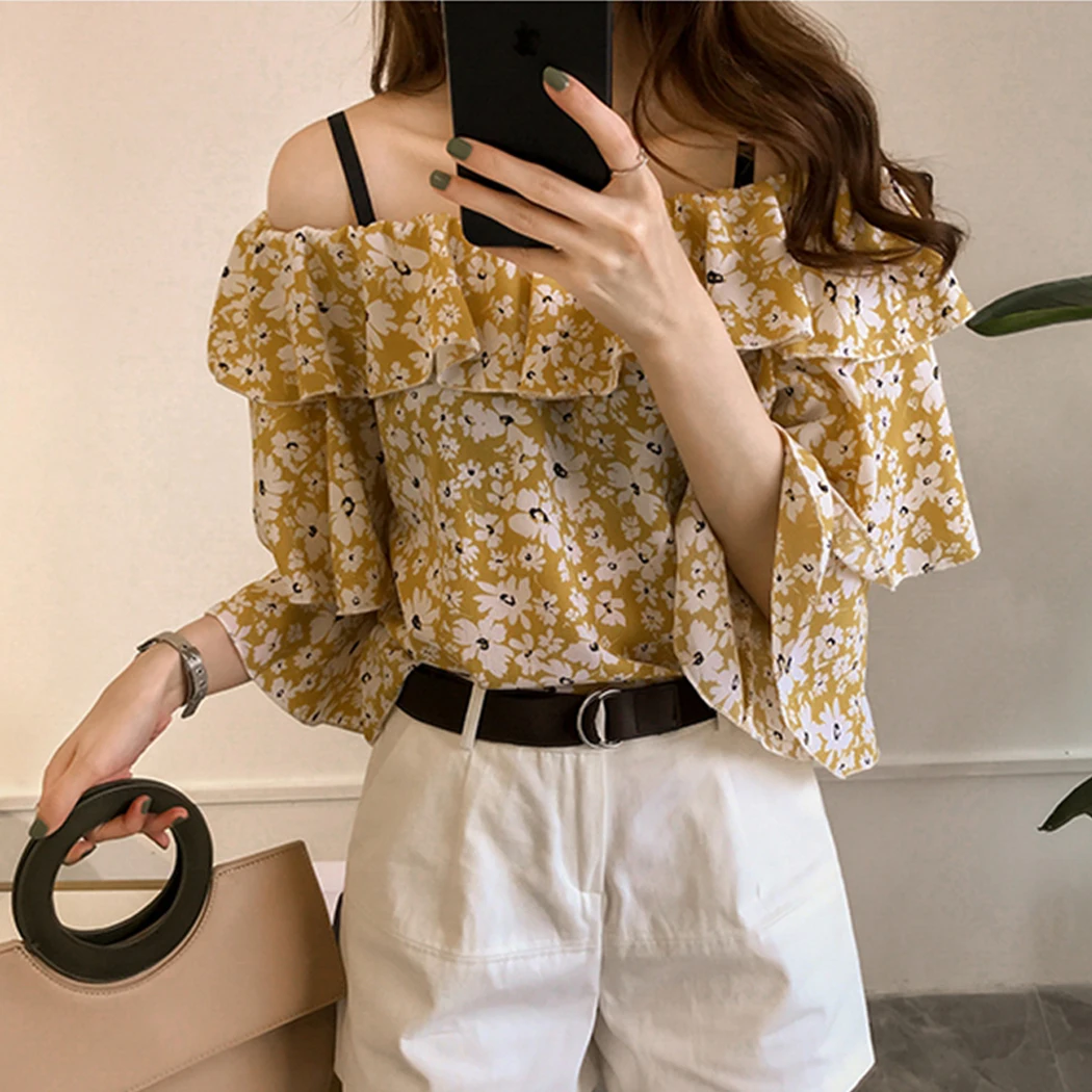 Модные женские шифоновые Блузы с открытыми плечами элегантные летние рубашки