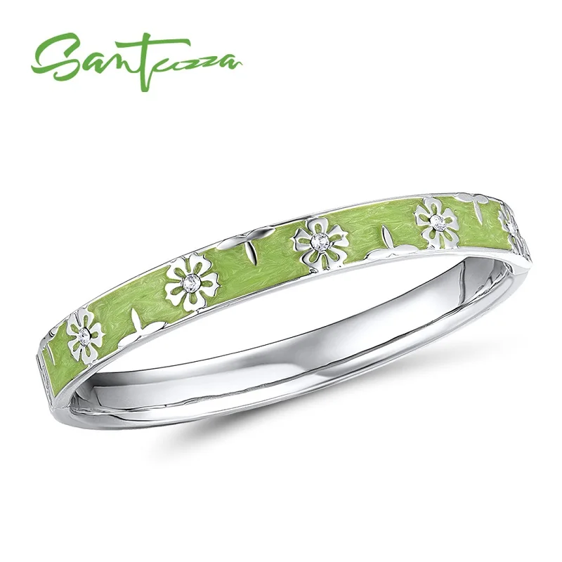 White Rhodium(Green) Модный женский браслет SANTUZZA, многоцветные браслеты с цветами, сверкающие кристаллы, модные ювелирные изделия ручной работы, эмаль - Окраска металла: White Rhodium(Green)