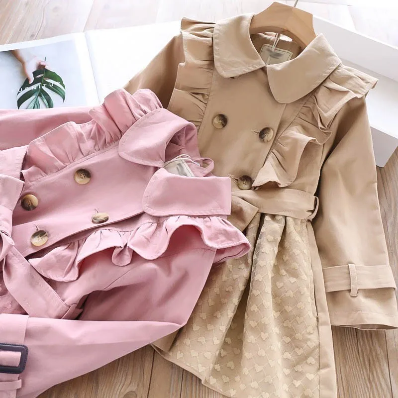 

autumn girls trench coat solid ruffles pink fashion baby outerwear boutiques kids clothes korean children outift