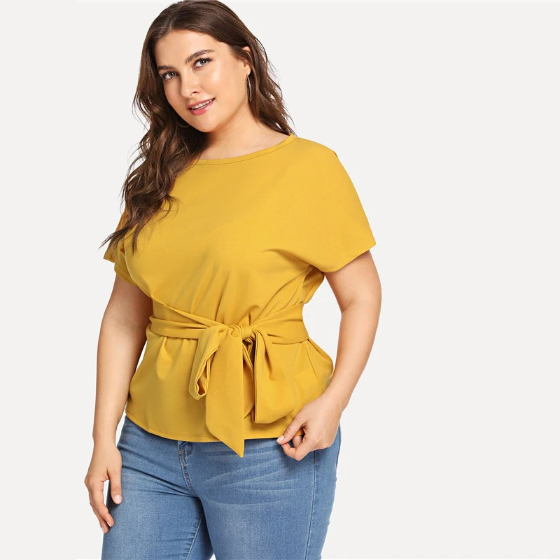 SHEIN Повседневная Блузка Размера Плюс С Поясом, Яркая Однотонная Блузка С Коротким Рукавом
