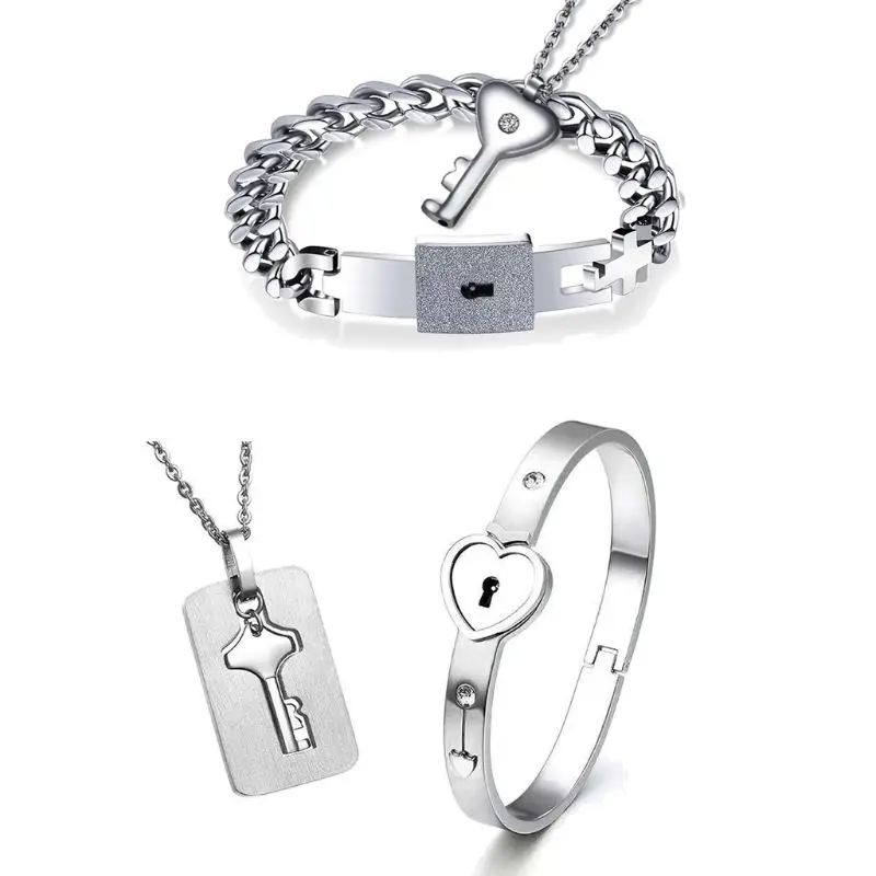 Titanium Puzzle Couple Heart Lock Key Bracelet Necklace Lover Jewelry Set | Украшения и аксессуары