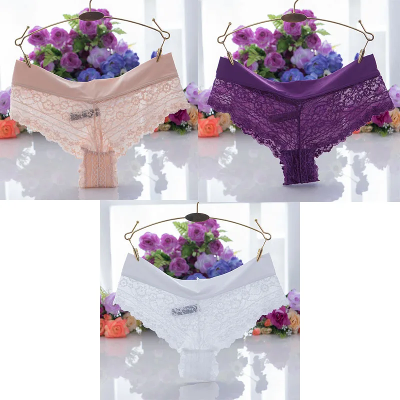 skin purple white TEXIWAS, 3 шт./лот, сексуальные женские кружевные трусики-стринги, хлопковые Crtoch трусы, нижнее белье, женские прозрачные дышащие стринги, нижнее белье - Цвет: skin purple white