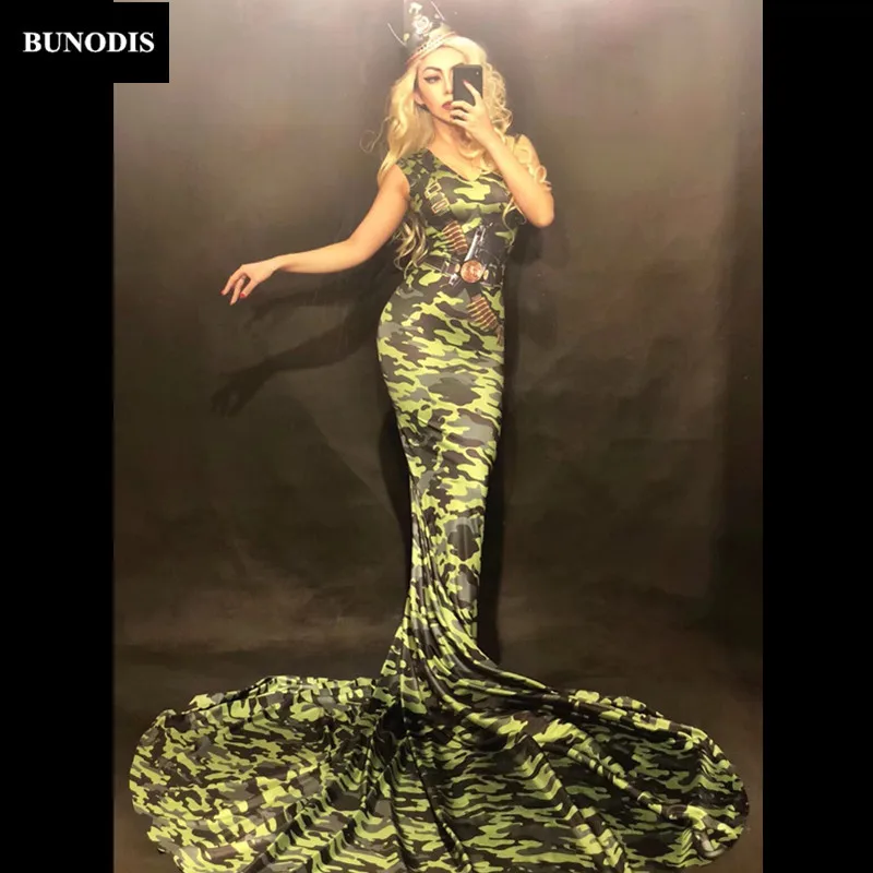 ZD283 Women Army Camouflage Sexy Long Skirt 3D Printed Nightclub Party Celebrate Performance Dancer Singer Stage Wear Costumes