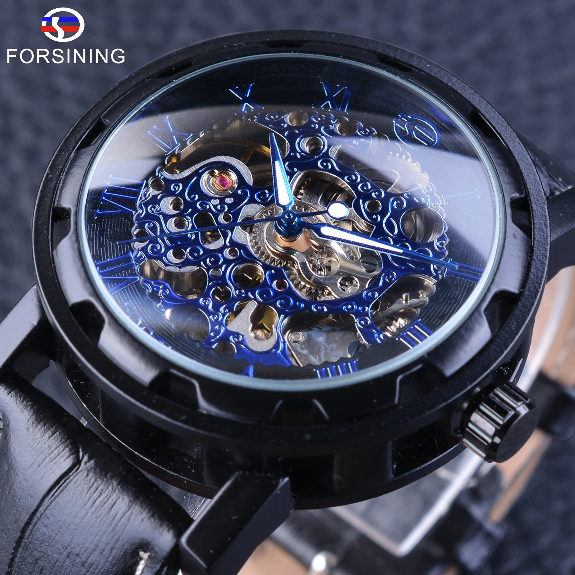 

Forsining Men's Mechanical Watch Blue Black Skeleton Dial Automatic Self-wind Movement Genuine Leather Fashion Gear Bezel Design