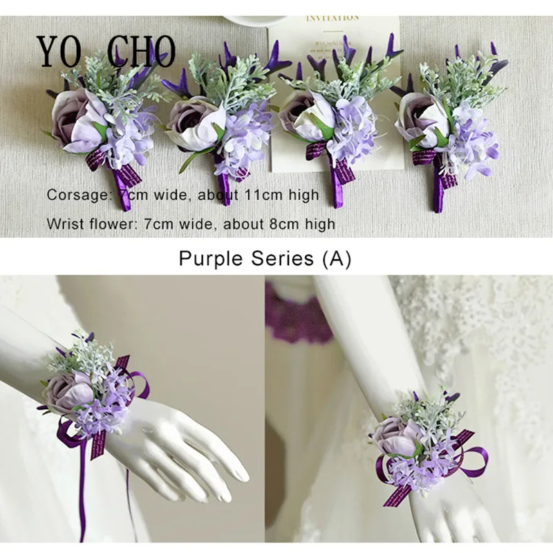 

YO CHO Noble Purple Rose Wedding Flower Artificial Wrist Corsage Flower Marriage Rose Hand Boutonniere Flower Bestman Girl Decor