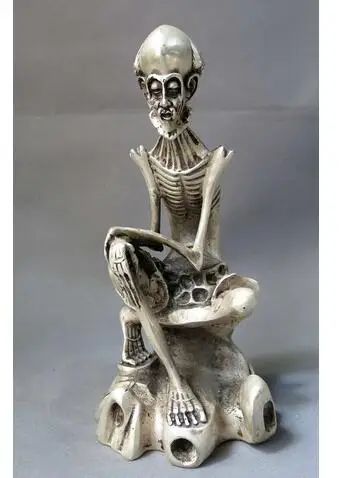 

decoration copper silver factory 9" China silver carved buddhism fine lucky dried bone buddha sculpture Statue