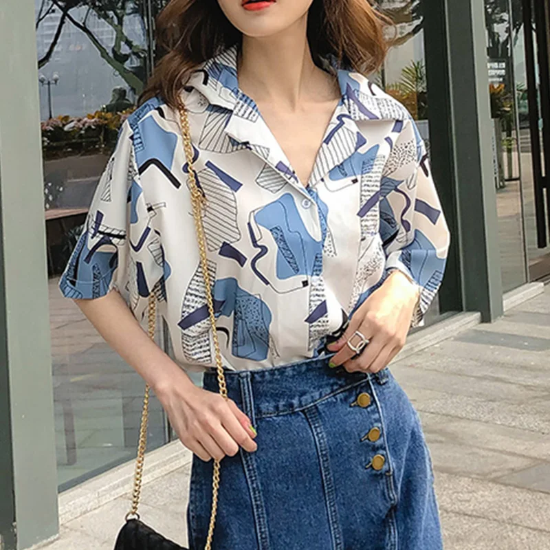 

Harajuku Women Blouse and Tops Vintage Printed Korean Short Sleeve Casual Blouse